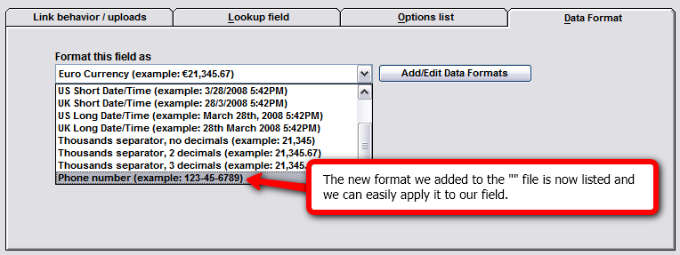 Adding a custom data format for phone numbers.