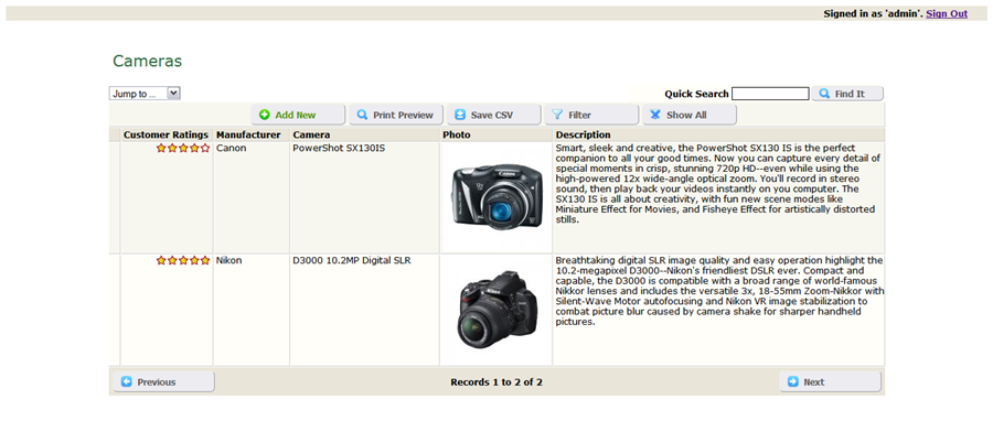 Customized formatting of the table view fields shows star ratings rather than numbers.