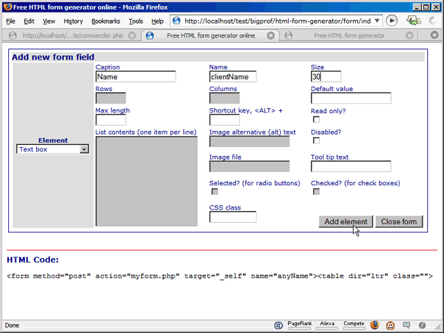 Now, we define the properties of the text box element we just added. Some properties are disabled because they don't apply to text boxes, but might be enabled when we add other types of elements. When done adding an element, click the 'Add element' button. Now, we define the properties of the text box element we just added. Some properties are disabled because they don't apply to text boxes, but might be enabled when we add other types of elements. When done adding an element, click the 'Add element' button.